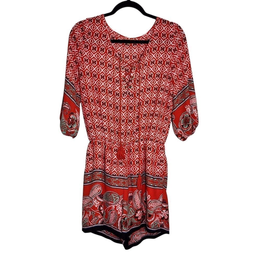 Takara Romper Shorts Red Floral Paisley 3/4 Sleeve M